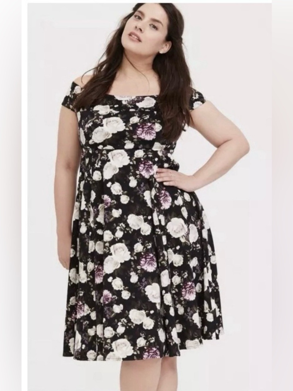 Torrid Retro Chic Off-Shoulder Midi Dress Black & Pink Size 1 Holiday Party